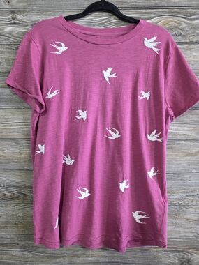Lucky Brand Pink Embroidered Bird Tee Size XL Boho Cotton Top